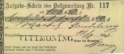 1883, Aufgabeschein über eine Postanweisung von TITTMONING