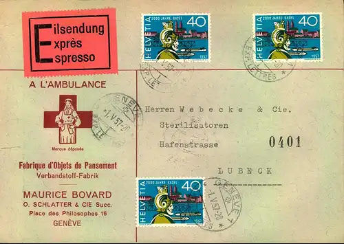 1957, portogerechte Mehrfachfrankatur auf Eilbrief ab GENF nach Lübeck