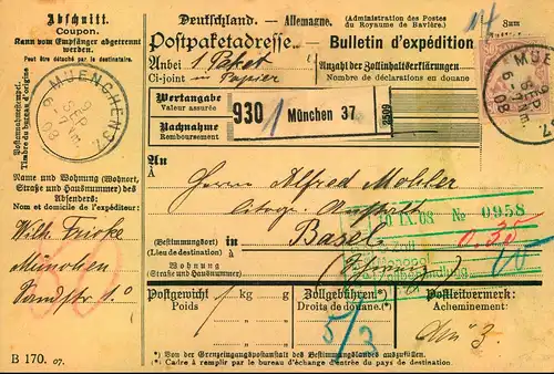 1908: Paketkarte mit EF 80 Pfg. Wappen ab MÜNCHEN 37 nach Basel. Kleines Loch.