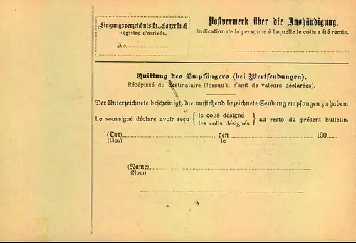 1908: Paketkarte mit EF 80 Pfg. Wappen ab MÜNCHEN 37 nach Basel. Kleines Loch.