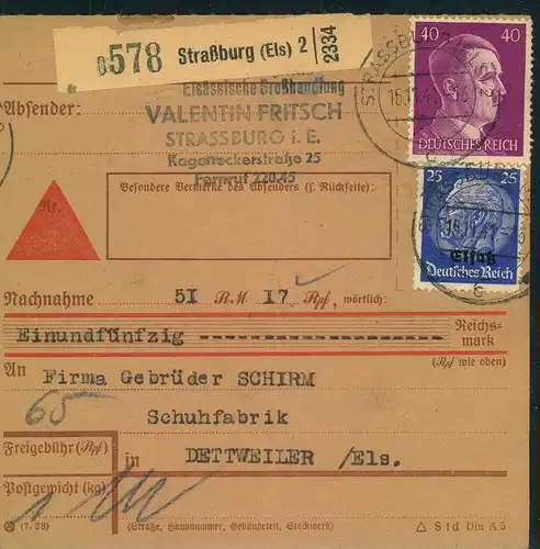 1941, Paketkarte per Nachnahme ab STRAßBURG " nach Dettweiler