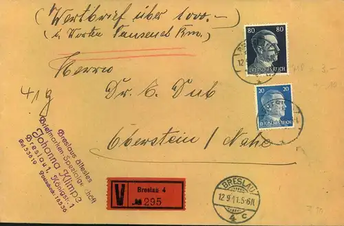 1941, Wertbrief über 1.000 Mark ab BRESLAU (leicht überfrankiert)