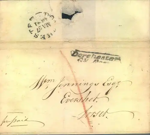 1847, foldet letter "Dorchester Penny Post" to Evershot