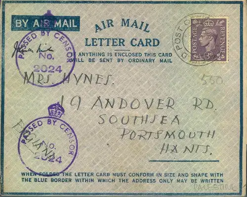 1941, air mail letter card military mail "Passed by Censor"