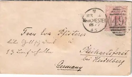 1877, cover franked with 2 1/2 d, plate no. 5 from MANCHESTER to Germany.