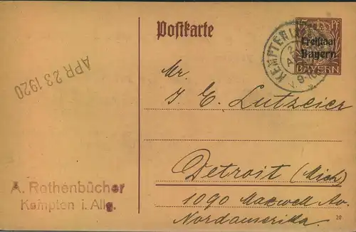 1920,  GSK 15 Pfg. "Freistaat von "KEMPTEN ALLGÄU " nach Detroit, USA.