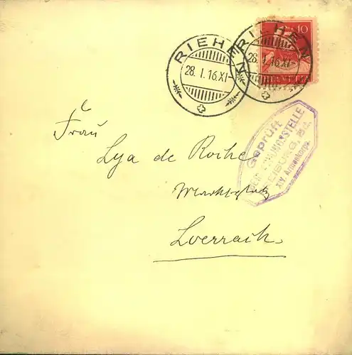 1916/1918, kleines Lot von 5 Briefen nach Deutschland, je mit Zensur. Ein Briefe im Grenztarif "Riehen - Lörrach"