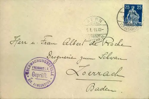 1916/1918, kleines Lot von 5 Briefen nach Deutschland, je mit Zensur. Ein Briefe im Grenztarif "Riehen - Lörrach"