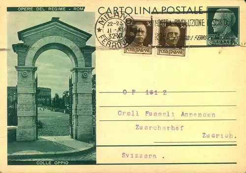 1932, 15 Cent. picture stationery card, uprated from MILANO to Zürich.