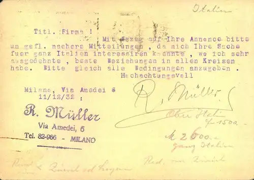 1932, 15 Cent. picture stationery card, uprated from MILANO to Zürich.