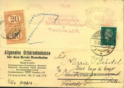 1930, forwarded postcard from BENSHEIM via Neckagemünd to Lago die Como with 20 C, (pair) to Pay.