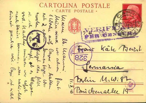 1941, 75 C. stationery card from CAPRI with italian and german censor to Berlin