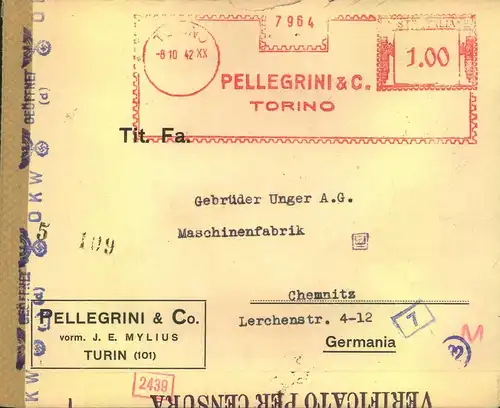 1942, cover advertising "PELLEGRINI & C:, TORINO" with german and italian censor to Germany