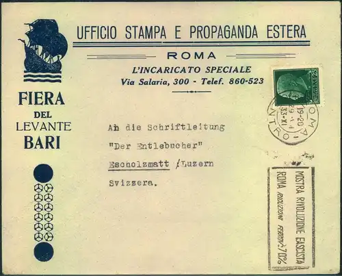 1933, FIERA DEL LEVANTE, BARI, advertising cover sent from ROMA to Switzerland.