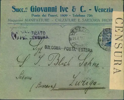 1915, besiness cover from VENEZIA with censor mark aud strip to Switzerland