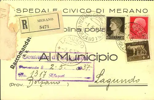 1937, registered official postcard from MERANO
