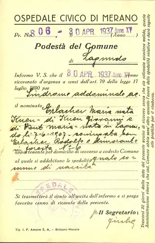 1937, registered official postcard from MERANO
