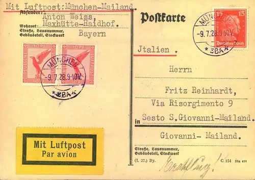 1928, Luftpostkarte ab MÜNCHEN nach Lailand.