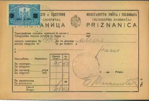 1924, receipt for telegraph fees from BEOGRAD