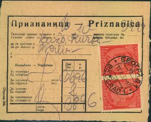 1932, receipt for telegraph fees from BEOGRAD