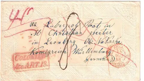 1853, nicely embossed cover via Liverpool and Calais to Leonberg, Kingdom of Wuerttemberg