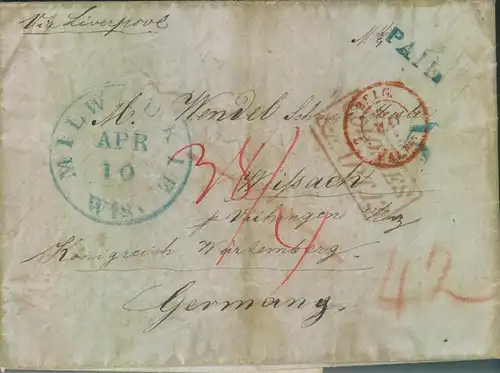 1851, INCOMING MAIL: Faltbrief aus MILWAUKIE "PAID" via Belgium nach VAIHINGEN