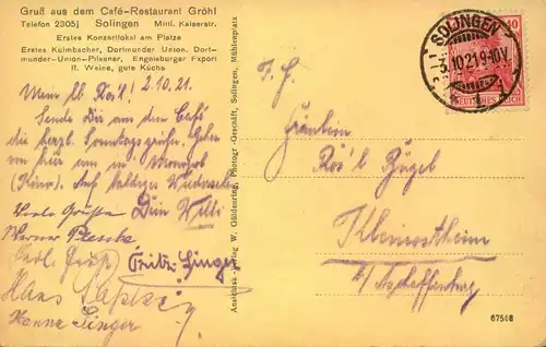 SOLINGEN, Café - Restaurant Gröhl, gelaufen 1921