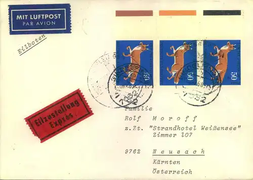 1968, dekorative Mehrfchfrankatur Luftpost-Eilboten (2. Gewicht) ab SINDELFINGEN nach Österreich