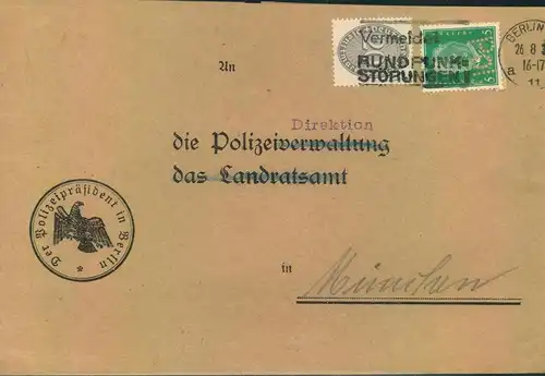 1932, 5 Pfg. Hindenburg mit "POL"-Lochung und 20 Pfg. Dienstmarke auf Brief der Polizeiverwaltung Berlin