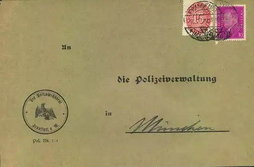 1932, 10 Pfg. Ebert mit "POL"-Lochung und 15 Pfg. Dienstmarke auf Brief der Polizeiverwaltung Frankfurt/Main