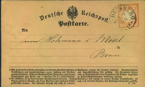 1874, DUISURG, Hufeisenstempel auf Postkarte 1/2 Gr. großer Brustschild