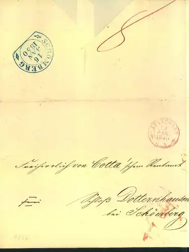 1850, Faltbriefhülle von Stuttgart sim Steigbügelstempe "SCHÖMBERG"