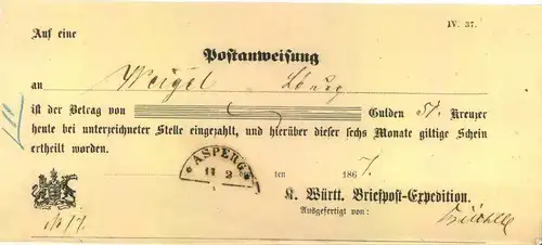 1870, Postanweisung mit Halbkreisstempel "ASPERG"