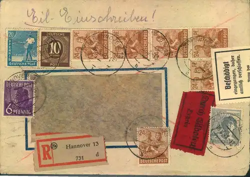 1948, Einschreiben/Eilboten ab HANNOVER "Beschädigt"-Aufkleber nach Lübeck