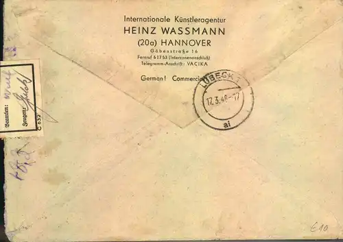 1948, Einschreiben/Eilboten ab HANNOVER "Beschädigt"-Aufkleber nach Lübeck