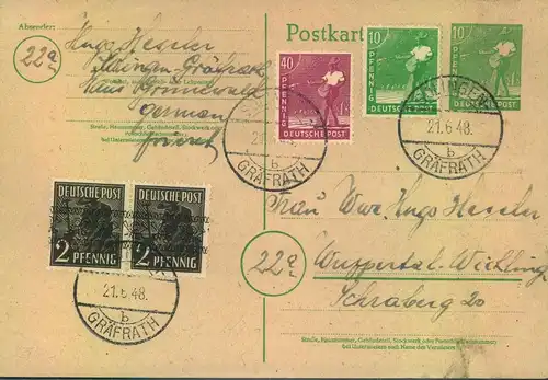 1948, 2 Pfg. Bandaufdruck (FDC) auf 10 GSK und 10-fahc Zusatzfrankatur ab "SOLINGEN GRÄFRATH 21.6.48"