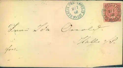 1868, Brief ab "BERLIN POST-EXPED. 13 2/7 68" mit 1 Gr. durchstochen nach Halle/S.