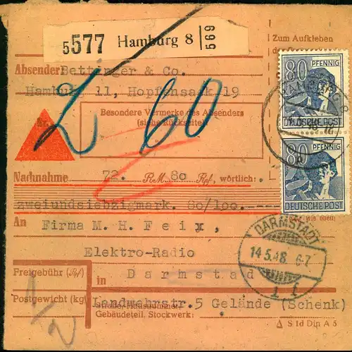 1948: 80 Pfg. Arbeiter als Mef auf Paketkartenstammteil ab HAMBURG