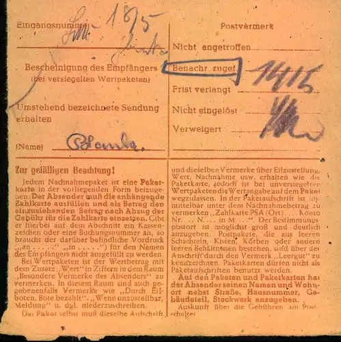 1948: 80 Pfg. Arbeiter als Mef auf Paketkartenstammteil ab HAMBURG
