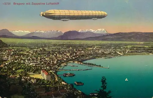 BREGENZ am Bodensee Vorarlberg, Blick auf den Ort mit Graf Zeppelin's Luftschiff, ungebraucht,
