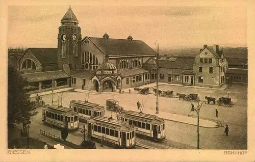 GIESSEN, Bahnhof, Strassenbahn, Pferdekutschen, Kupferdruck Postkarte, ungebraucht