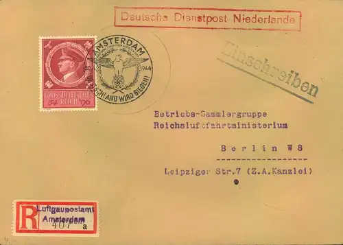 1944, DEUTSCHE DIENSTPOST NIEDERLANDE, Einschreiben von AMSTERDAM