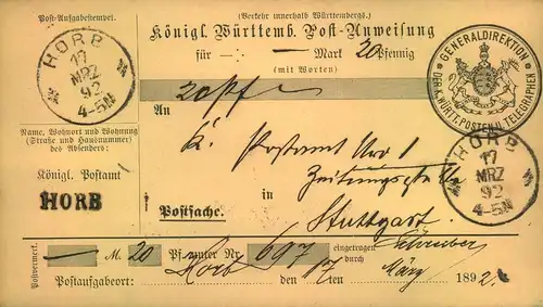 1892, Postanweisung über 20 Pf- von HORB nach Stuttgart