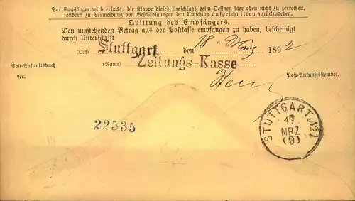 1892, Postanweisung über 20 Pf- von HORB nach Stuttgart