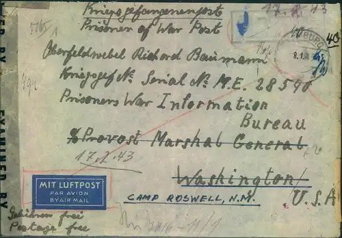 1943, Kriegsgefangenenbrief per Luftpost ab HAMBURG an einen deutschen Saoldaten in CAMP ROSWELL N-M-