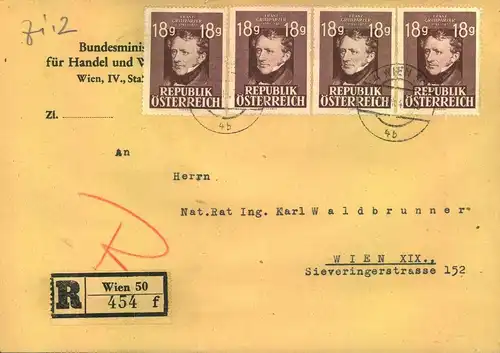 1947, 18 Gr. Grillparzer im 4-er-Streifen auf portogerechtem R-Rückschein Ortsbrief ab WIEN 50