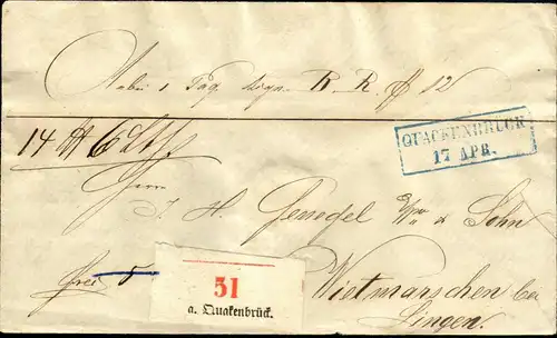1850 (ca.) Paketbegleitbrief von QUAKENBRÜCK nach Lingen.