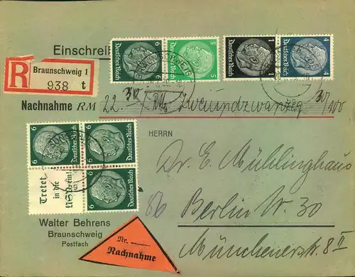 1939, R- Nachnahme aus BRAUNSCHWEIG mit Hindenburg Zdr. vorder- und rückseitig.