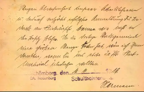 Dienstpostkarte 7 1/2 auf 5 1/2 mit Zusatzfrankatur ab SCHÖMBERG. Druckdatum "4 19" im Michel nicht registriert.