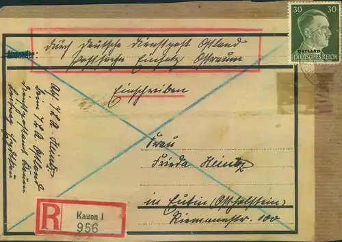 1943 (ca.): DEUTSCHE DIESNTPOST OSTLAND, 30 Pfg. Hitlrt als alleinige R-Gebühr auf Adressträger von KAUEN